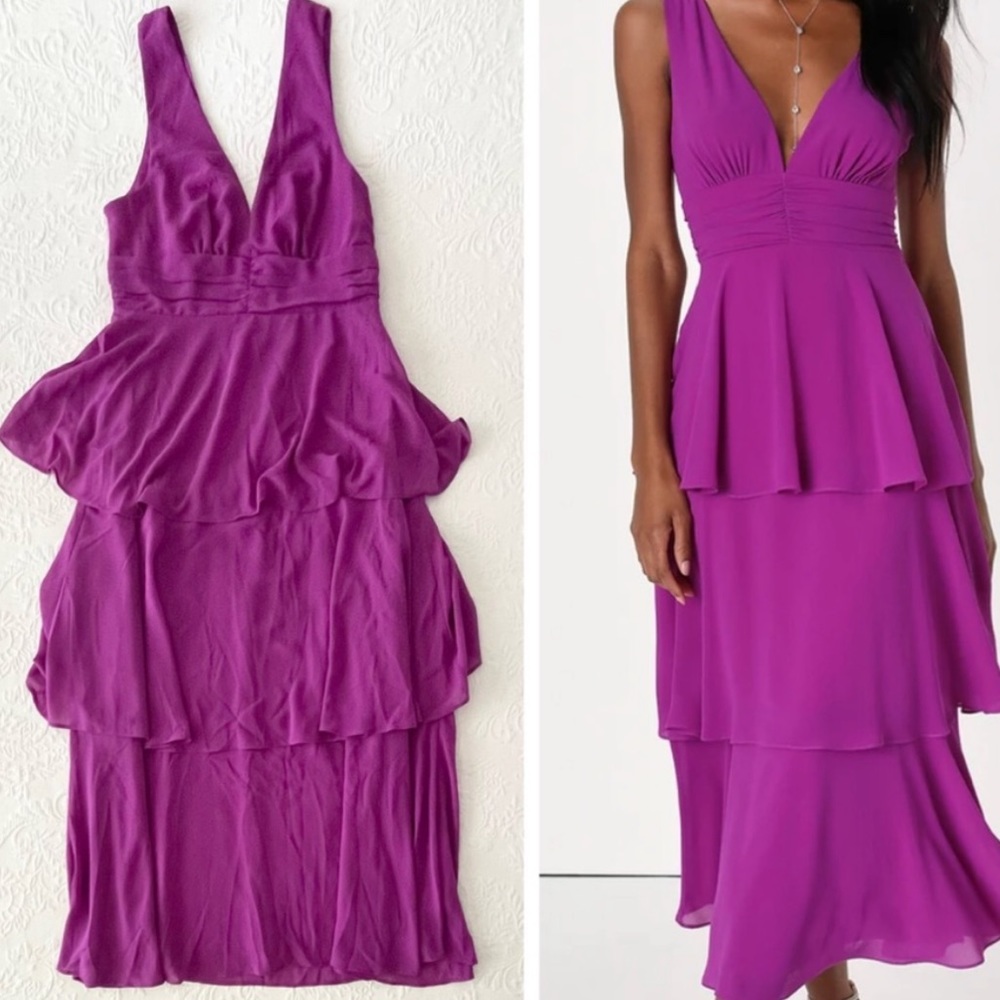 NWOT Lulus Celebration Time Purple Sleeveless
Tiered Midi Dress Large